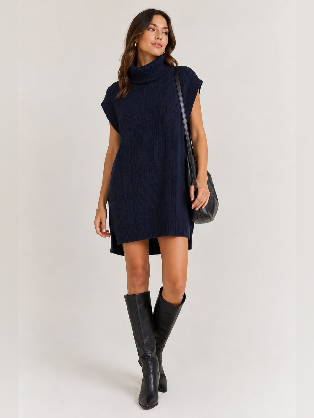 Anthropologie Dress M Navy Sweater Sleeveless Turtleneck Chunky Ribbed Mini New